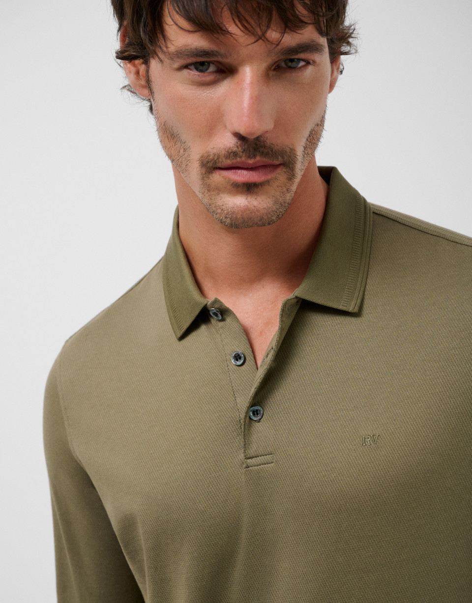 Olive toned jacquard long sleeve polo shirt | Roberto Verino