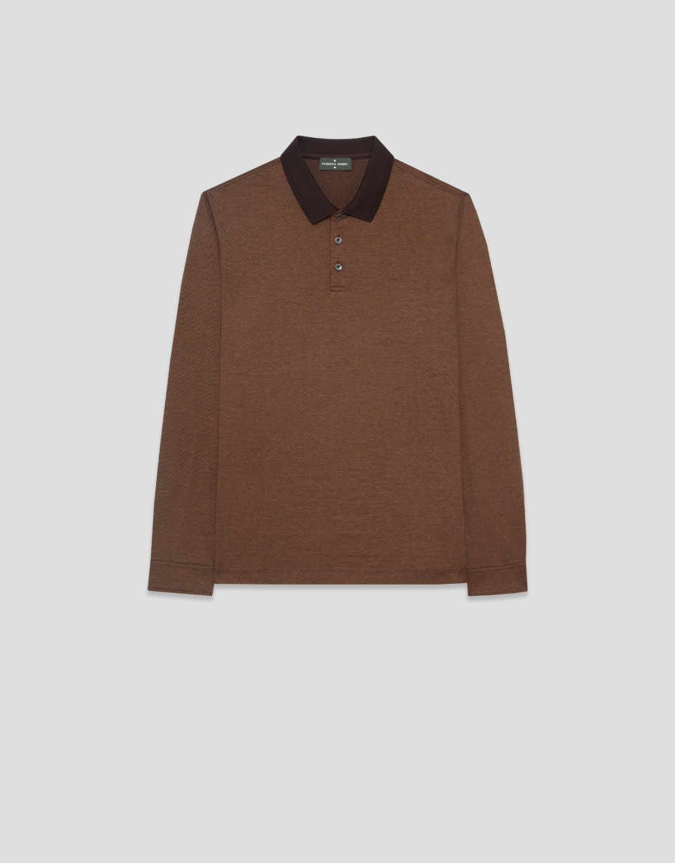 Brown/tan jacquard long sleeve polo shirt | Roberto Verino