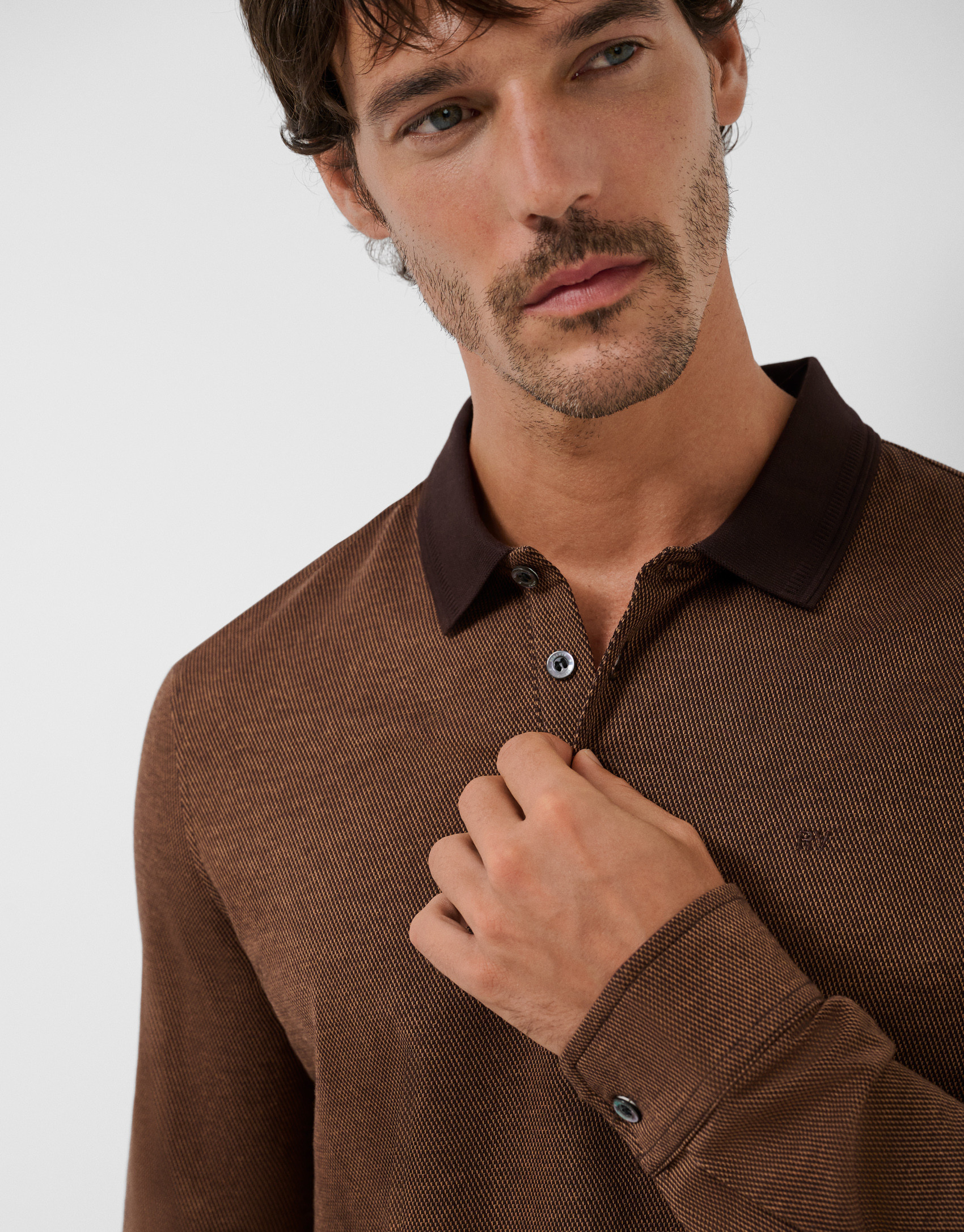 Brown/tan jacquard long sleeve polo shirt | Roberto Verino