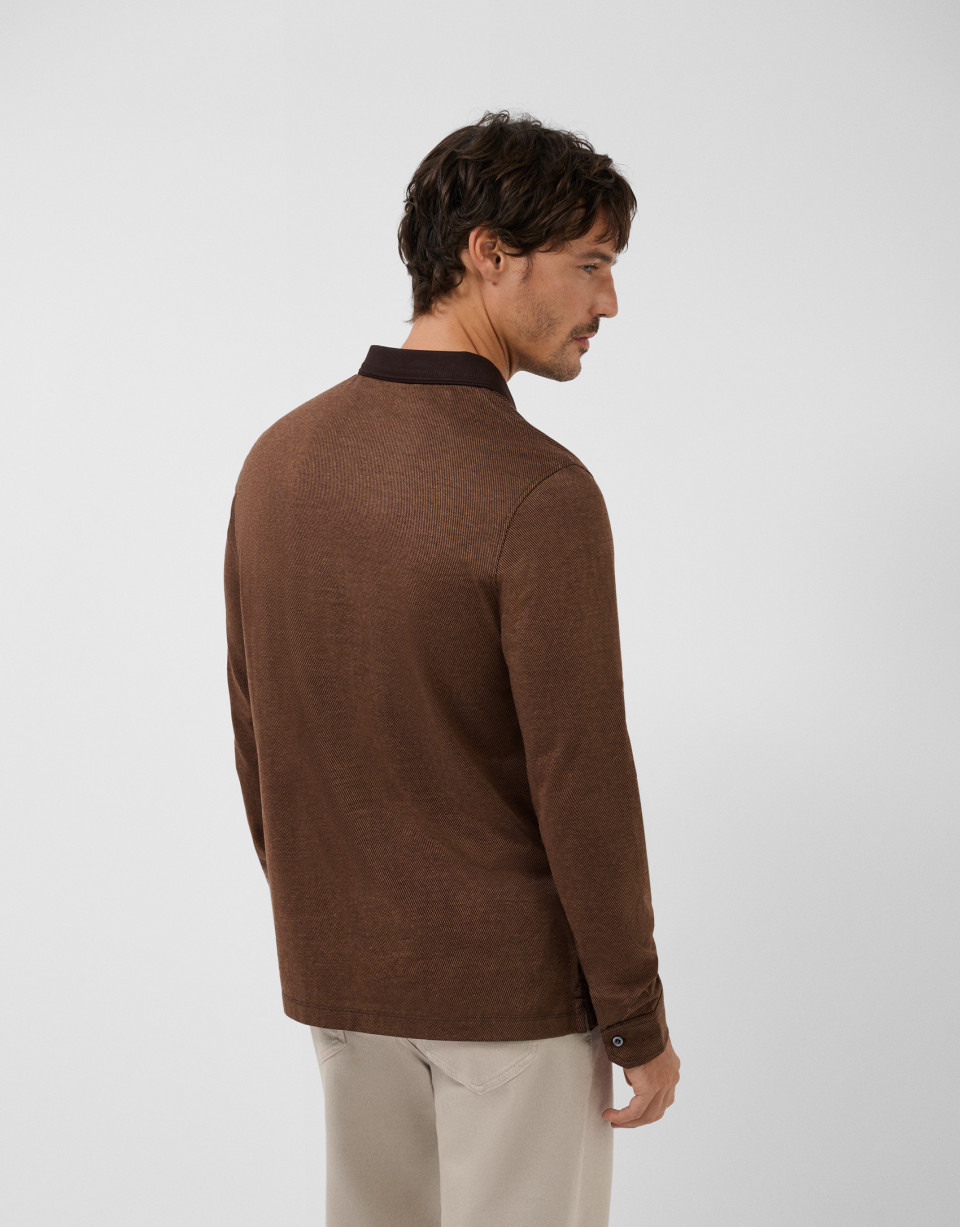 Brown/tan jacquard long sleeve polo shirt | Roberto Verino