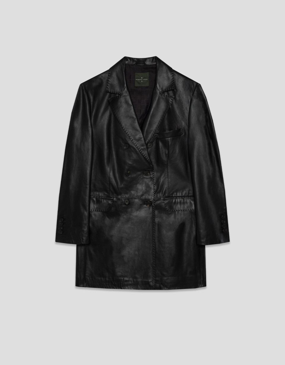 Long, double-breasted black nappa leather ... | Roberto Verino
