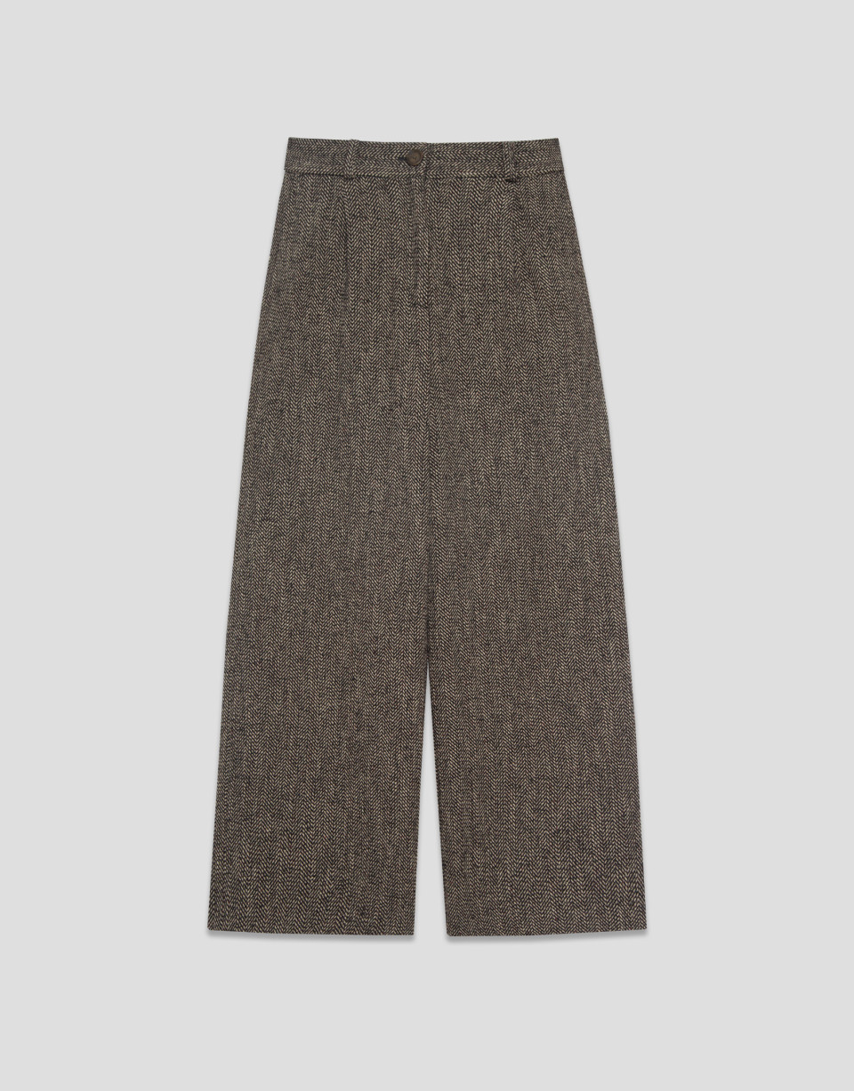Wide-leg brown herringbone pattern cloth pants | Roberto Verino