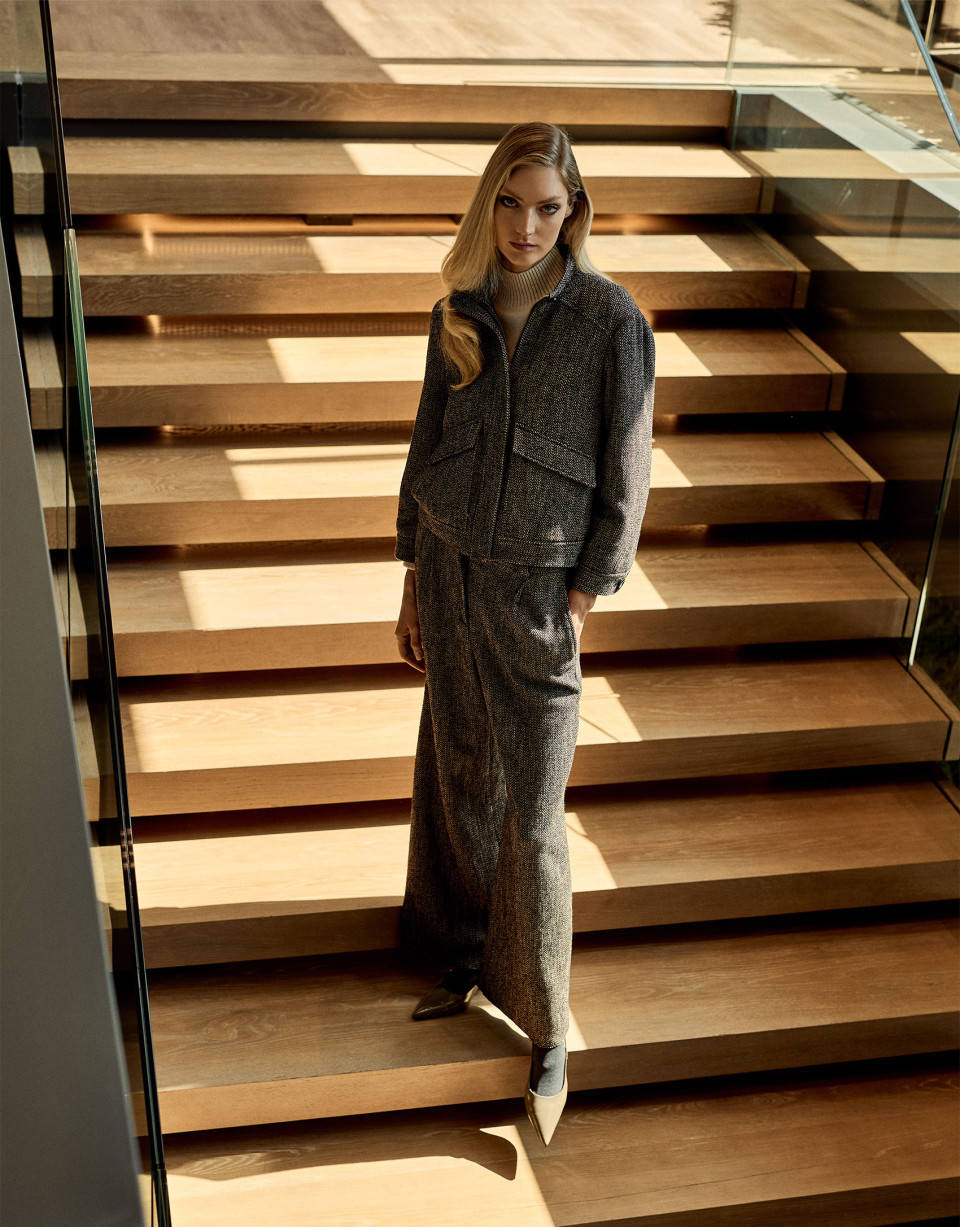 Wide-leg brown herringbone pattern cloth pants | Roberto Verino