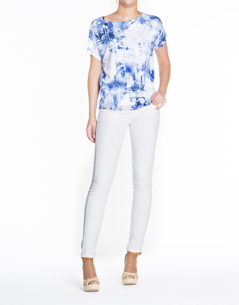 Loose white turquoise and blue print top