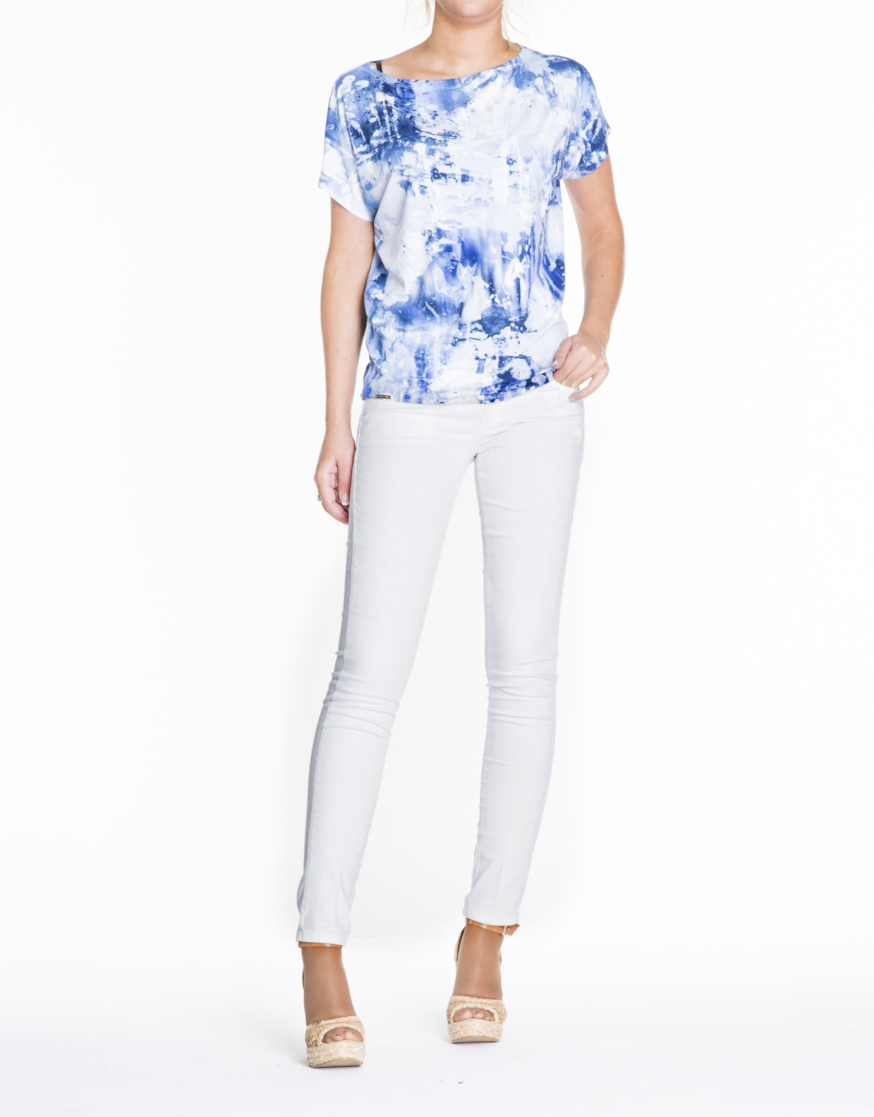 Loose white turquoise and blue print top