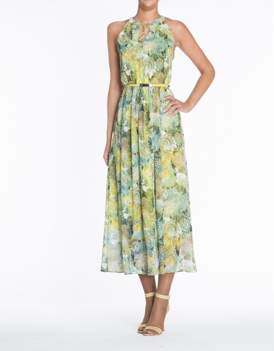 Vestido sin mangas estampados verdes y amarillo