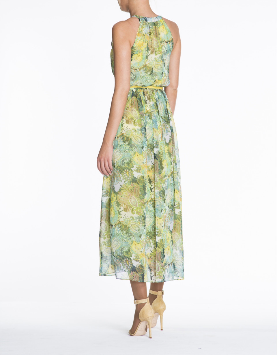 Vestido sin mangas estampados verdes y amarillo