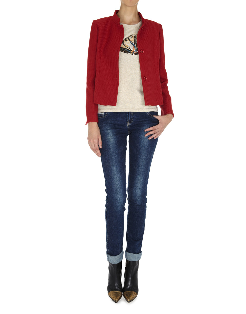 Red short wool jacquard jacket with Mao collar