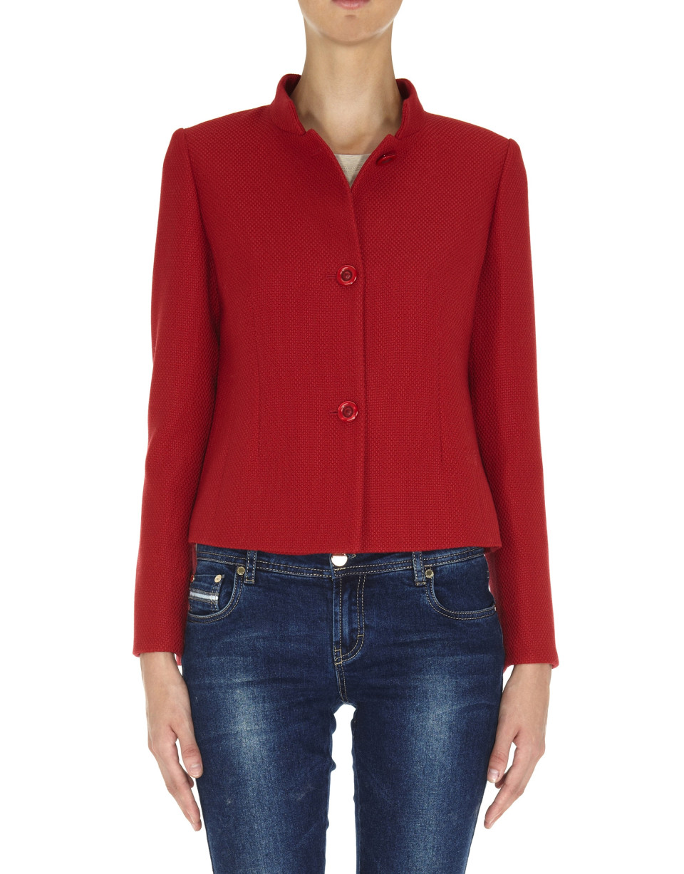 Red short wool jacquard jacket with Mao collar