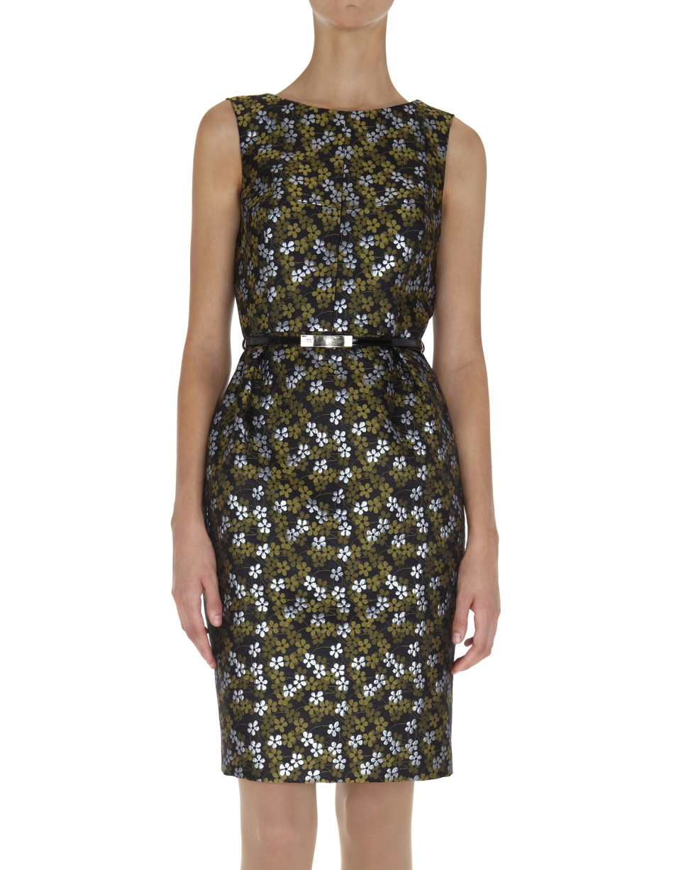 Vestido  recto sin mangas estampado flores doradas y blancas