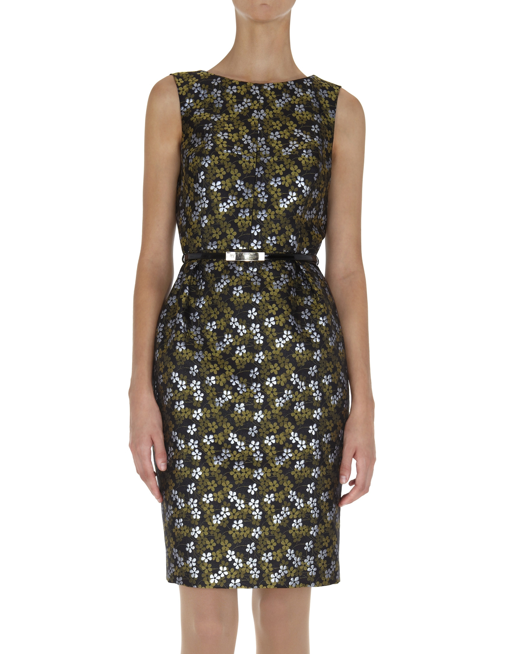 Vestido  recto sin mangas estampado flores doradas y blancas