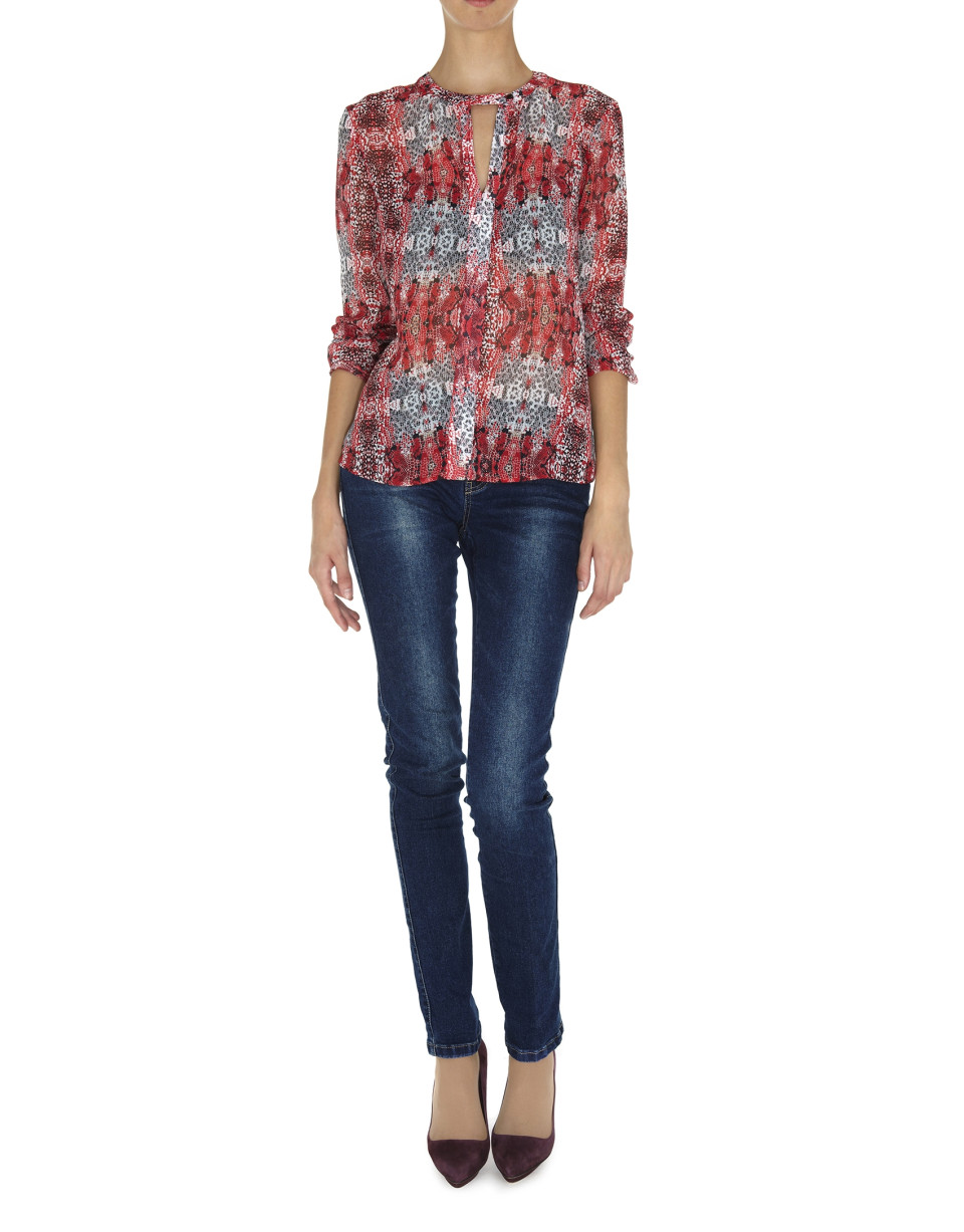 Red print V-neck blouse with tuckered cuffs