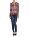 Red print V-neck blouse with tuckered cuffs
