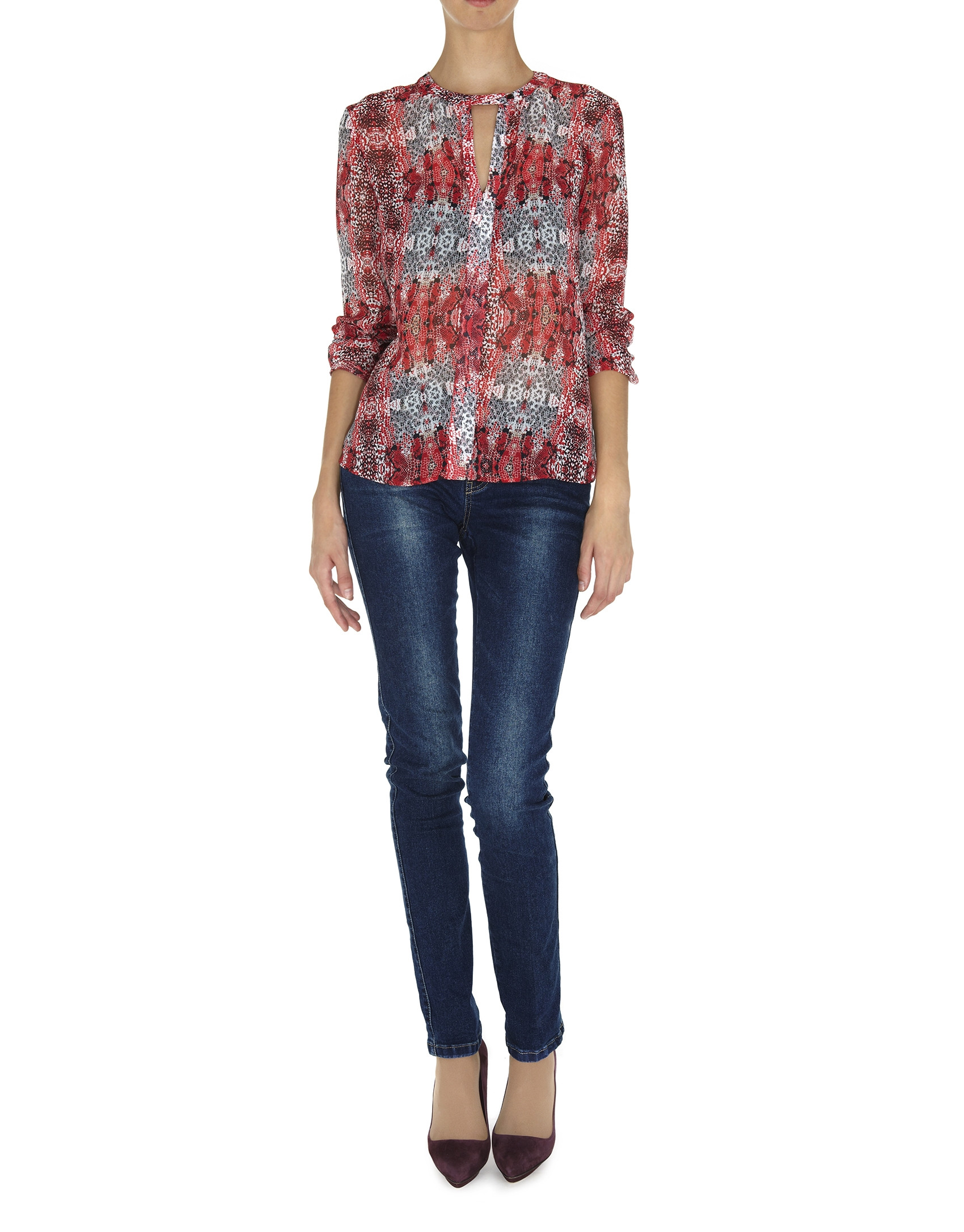 Red print V-neck blouse with tuckered cuffs
