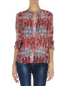 Red print V-neck blouse with tuckered cuffs