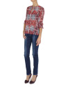 Red print V-neck blouse with tuckered cuffs
