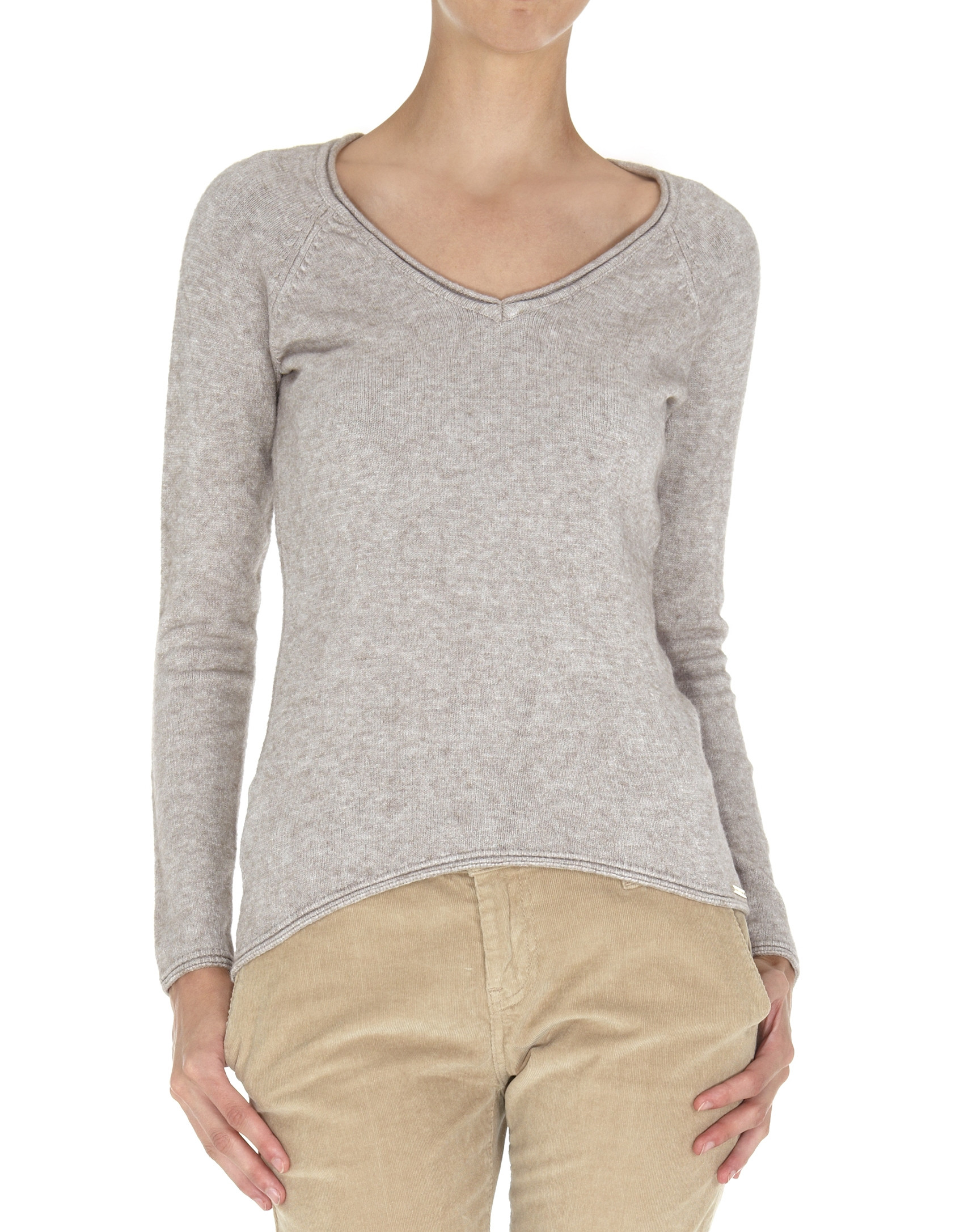Beige fine knit V neck sweater