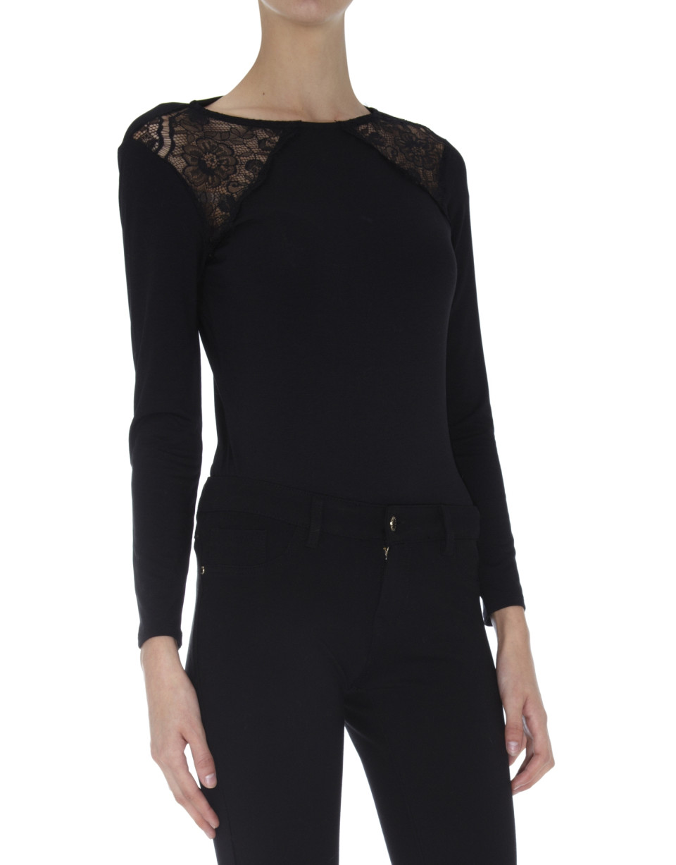 Black long sleeved top with lace shoulders