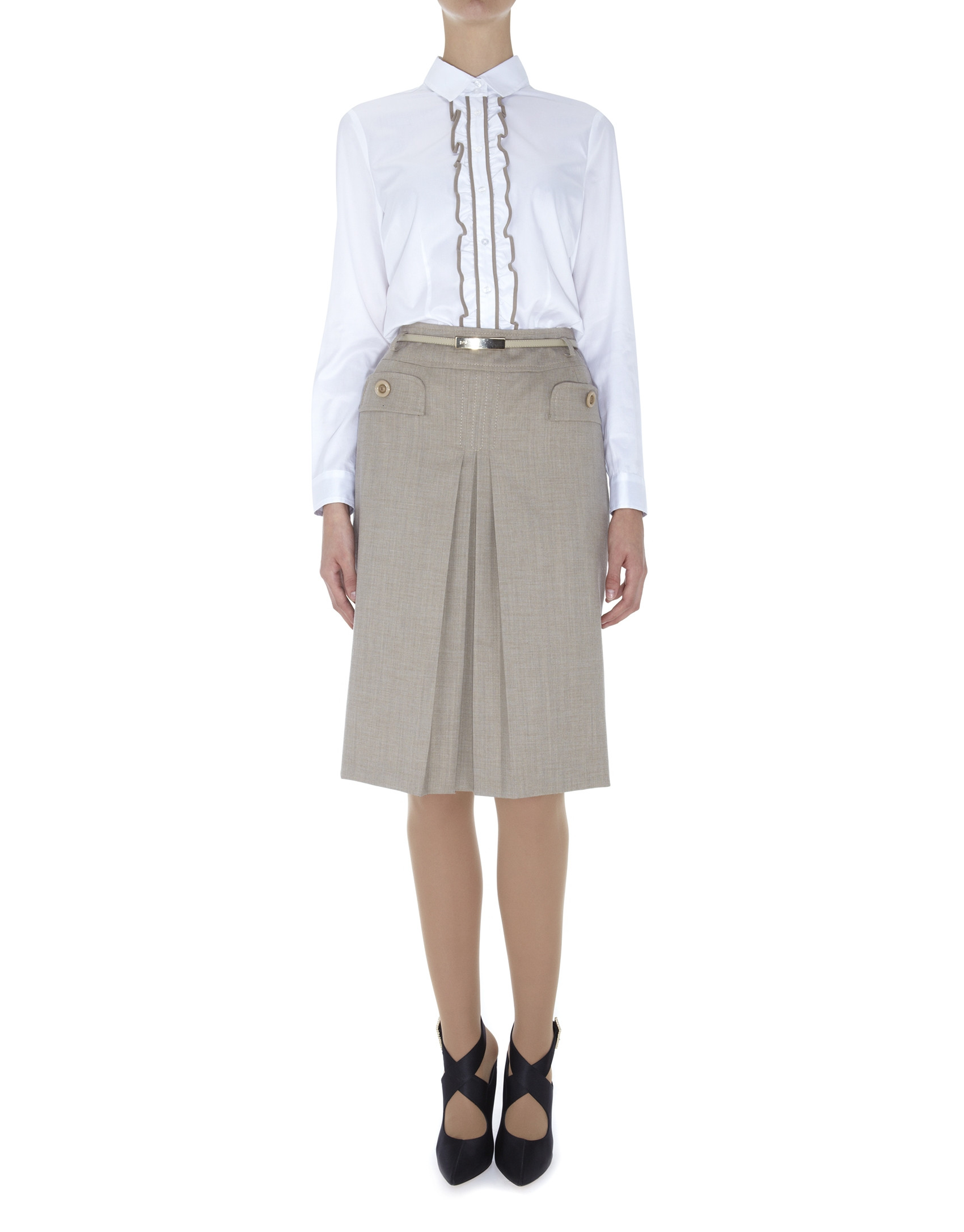 Camisa blanca algodón con jareta en tejido combinado en delantero