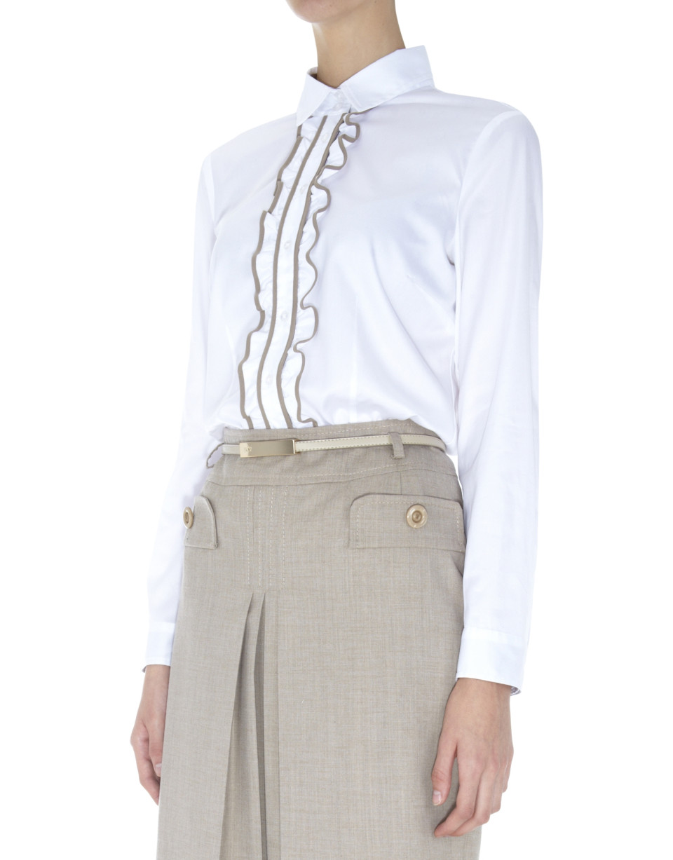 Camisa blanca algodón con jareta en tejido combinado en delantero