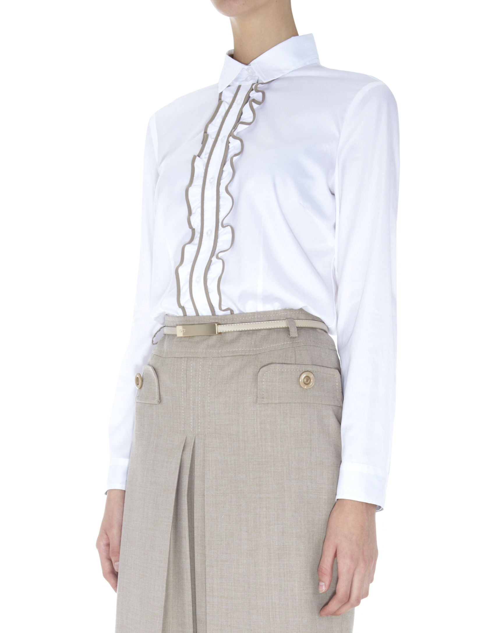 Camisa blanca algodón con jareta en tejido combinado en delantero
