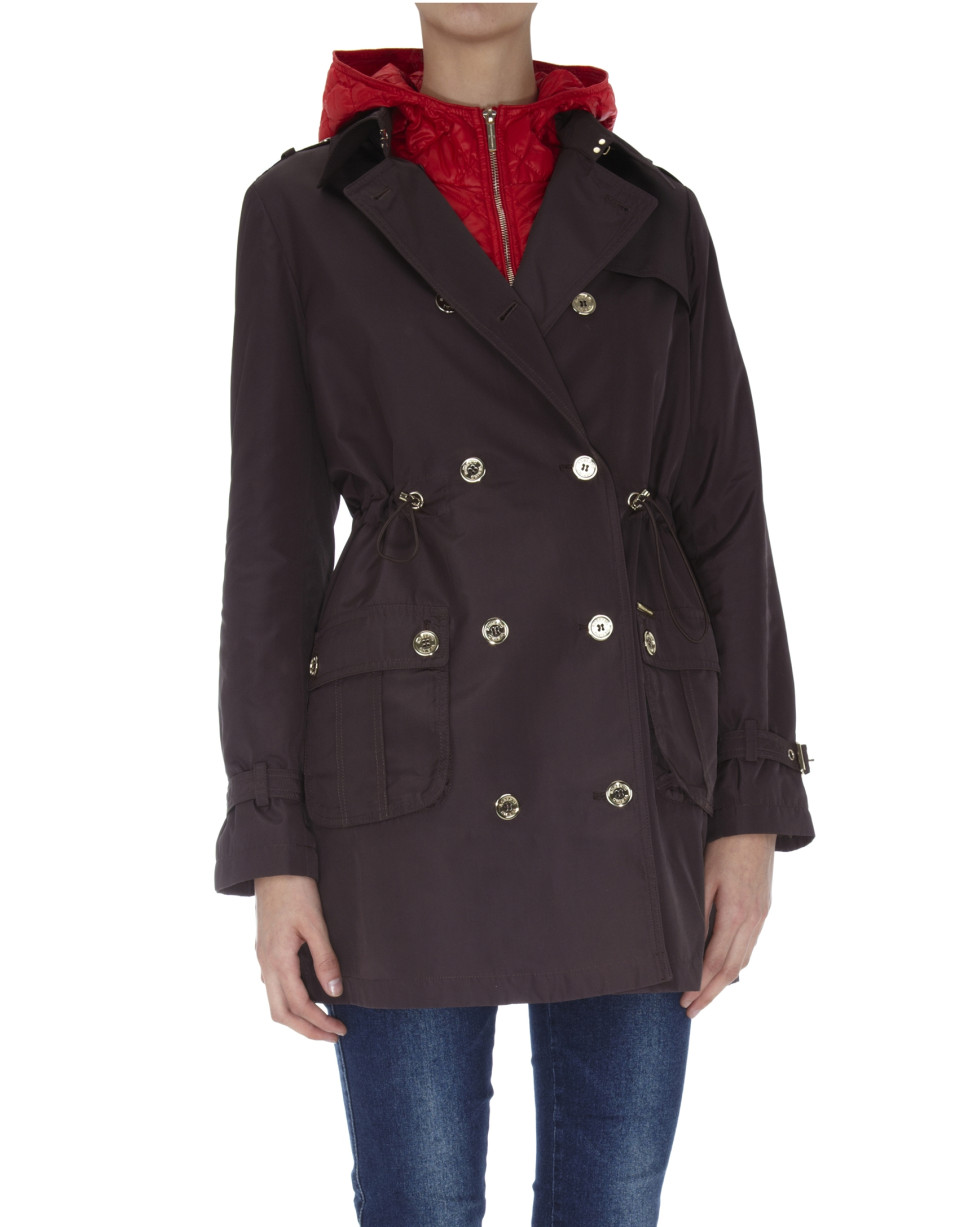Brown trench coat with detachable red lining