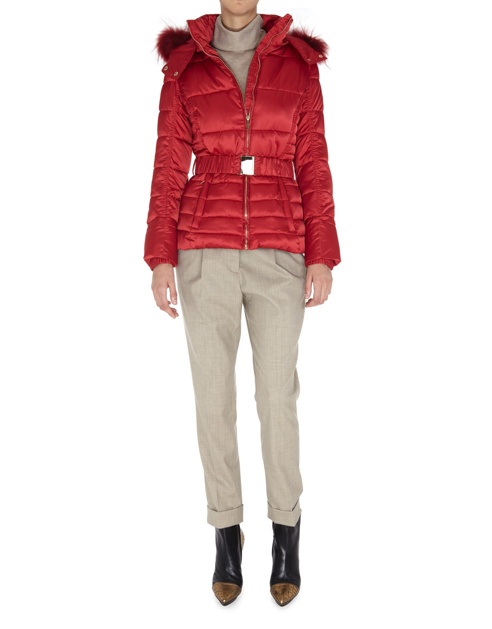 Short red trench coat with fur hood