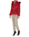 Short red trench coat with fur hood