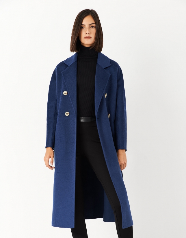 Long blue wool double-breasted coat