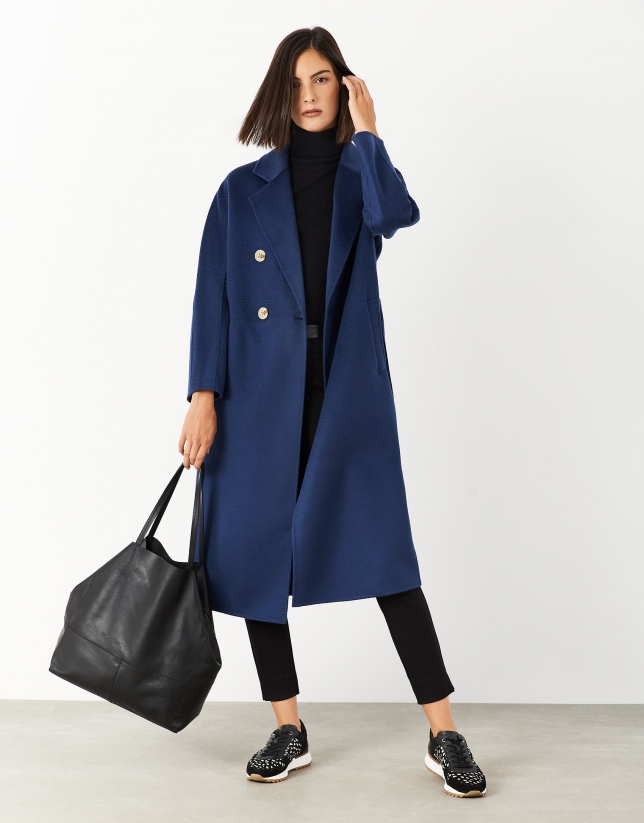 Long blue wool double-breasted coat
