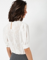 White blouse with leaf jacquard print and French sleeves
