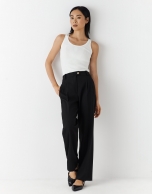 Black straight crepe pants with darts