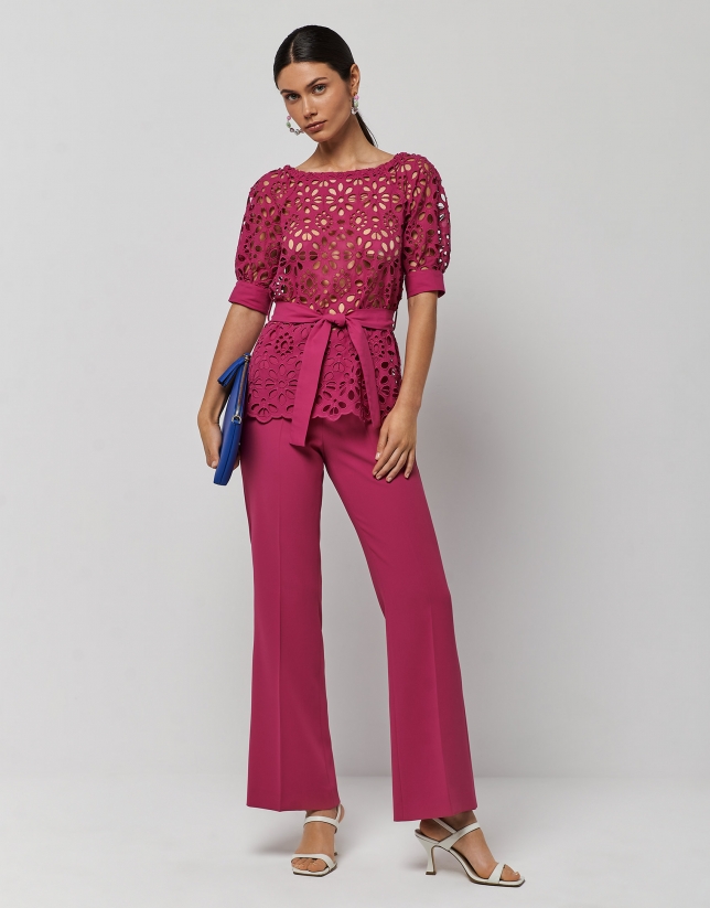Fucshia openwork blouse with French sleeves