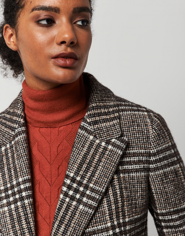 Long gray and brown glen plaid double-breasted coat