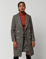 Long gray and brown glen plaid double-breasted coat
