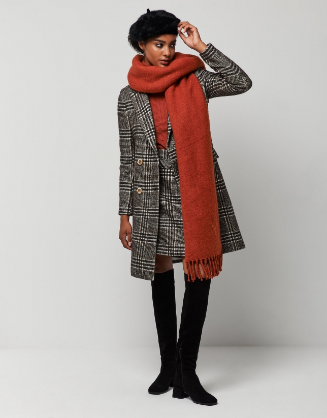 Long gray and brown glen plaid double-breasted coat