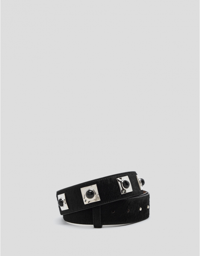 Black leather belt with decorative jet stones