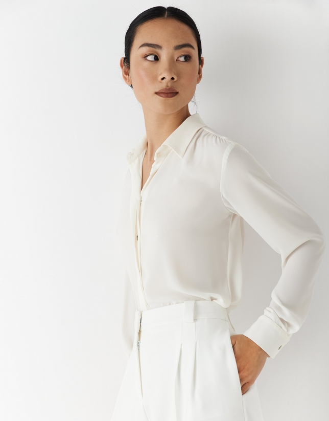 Beige crepe blouse with gathered shoulder