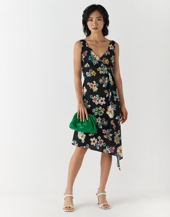 Black twill sleeveless dress with V-neck and floral print