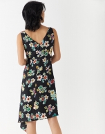 Black twill sleeveless dress with V-neck and floral print
