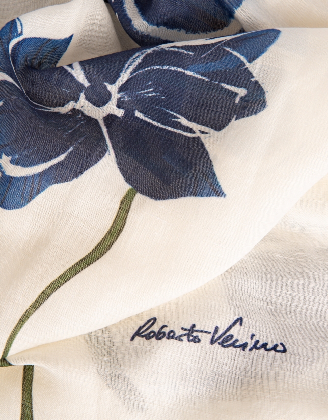 Fular modal/lino blanco estampado flores azules