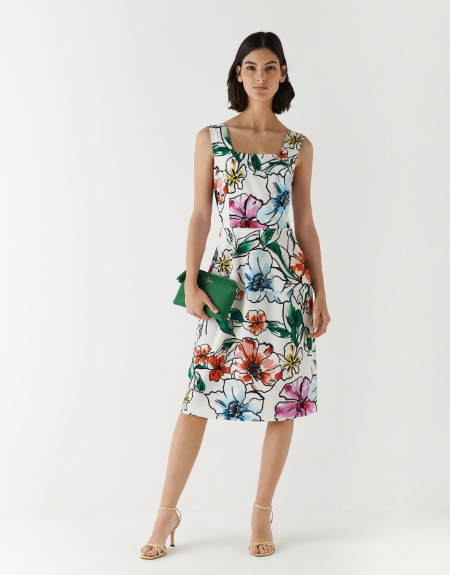 White sleeveless crepe dress with floral print