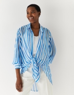 Long cotton voile shirt with blue and white stripes