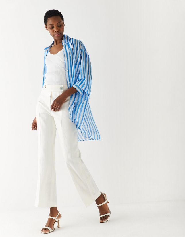 Long cotton voile shirt with blue and white stripes