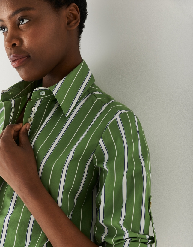 Blusa remangada algod&oacute;n rayas verde/blanco