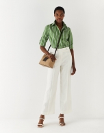 Green and white striped cotton blouse with roll-up sleeves