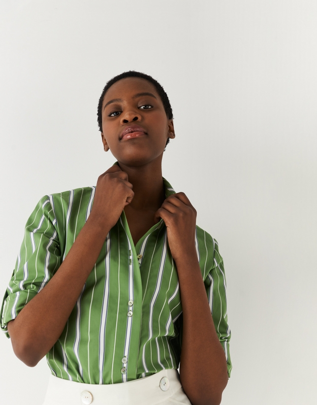 Green and white striped cotton blouse with roll-up sleeves