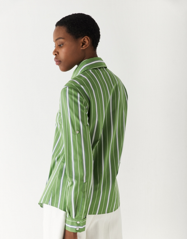 Green and white striped cotton blouse with roll-up sleeves