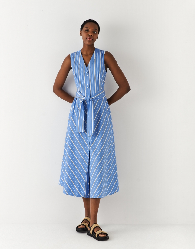 Cotton shirtwaist midi dress with white and blue stripes