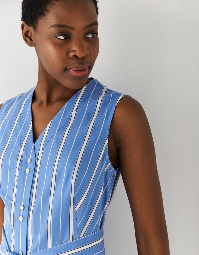 Vestido midi camisero algod&oacute;n rayas azul/blanco